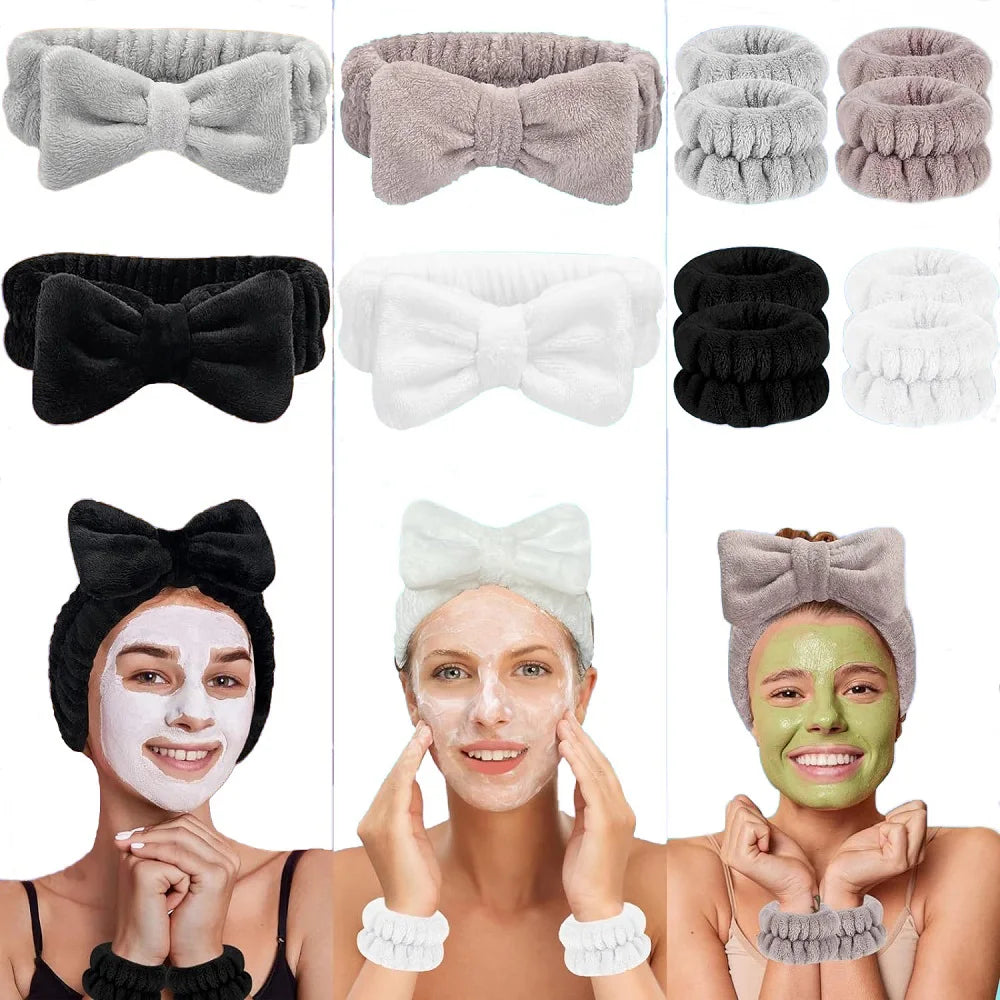 Flannel front bow elastic headband face wash and makeup headband waterproof wrist cover hair tie headband