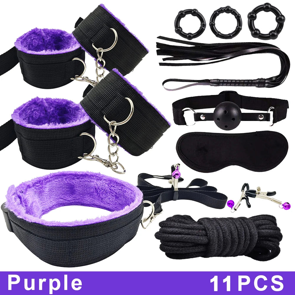 Sex Toys BDSM Bondage Set Erotic Bed Games Handcuffs Ankle Nipple Clamps Whip Spanking Slave Collars Adults Sex Game For Couples