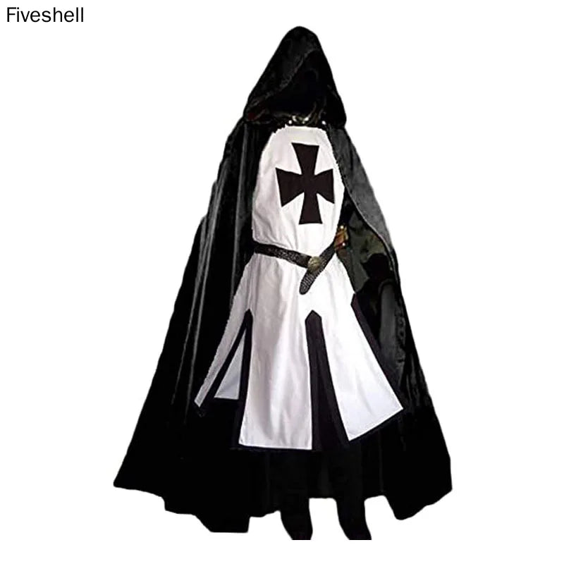 Mens Medieval Crusader Knights Templar Tunic Costumes Renaissance Halloween Surcoat Warrior Black Plague Cloak Cosplay Top S-3XL