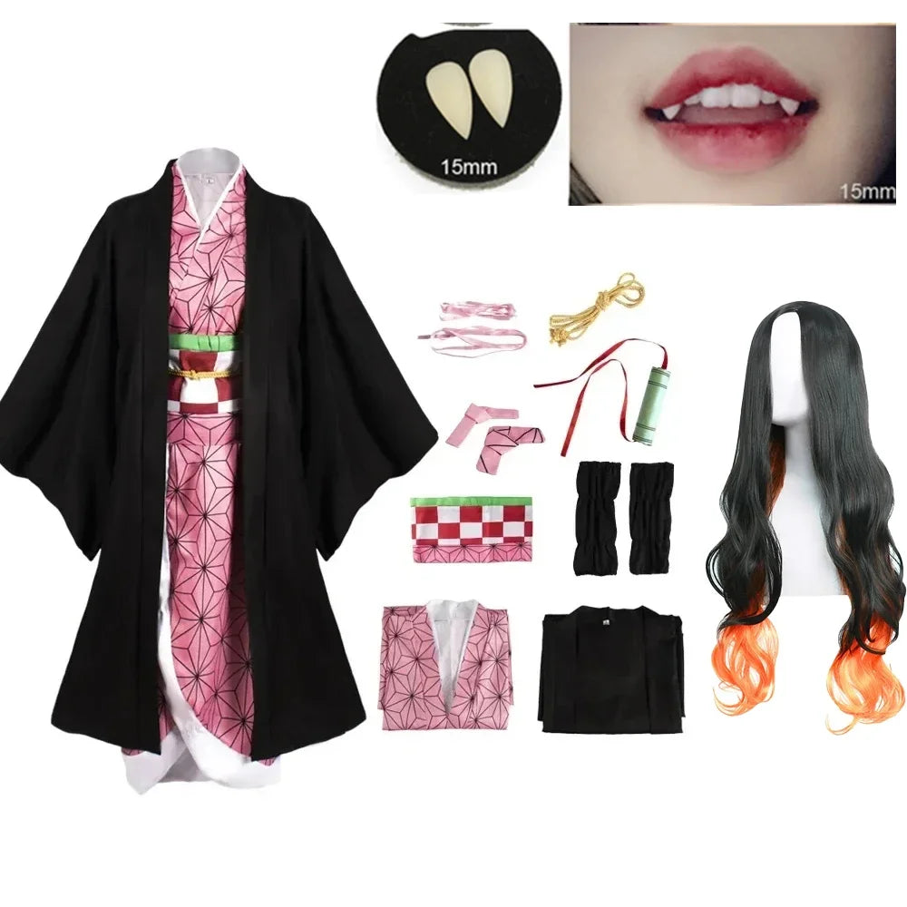 Anime Cosplay Kimetsu No Yaiba Kamado Nezuko Costume Kimono Demon Slayer Cosplay Wigs Hairs Halloween Carnival Women Outfit