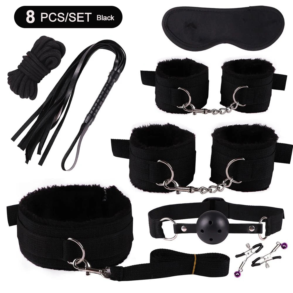 Sex Toys BDSM Bondage Set Erotic Bed Games Handcuffs Ankle Nipple Clamps Whip Spanking Slave Collars Adults Sex Game For Couples