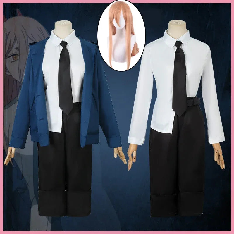Power Cosplay Costume Chainsaw Man Outfits Blue Suit Shirt Tie Short Neck Ring Wig Women Anime Uniform Halloween