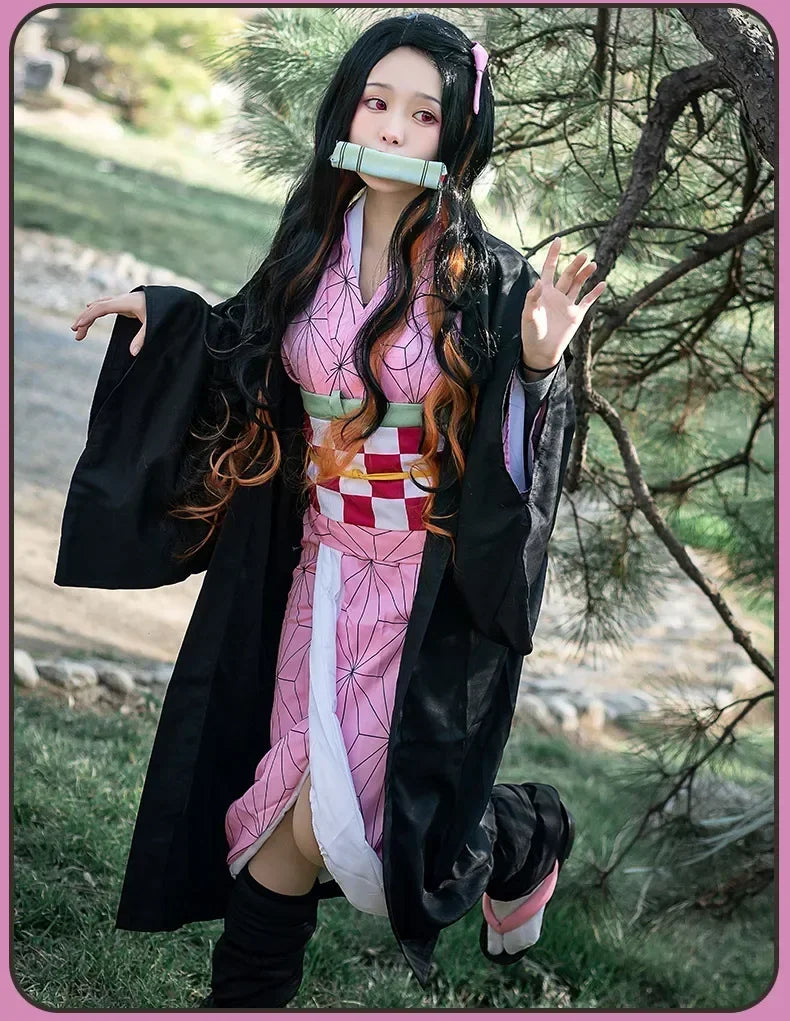 Anime Demon Slayer Kamado Nezuko Cosplay Costume Kimono Kimetsu No Yaiba Cosplay Wigs Hairs Halloween Carnival Women Outfit
