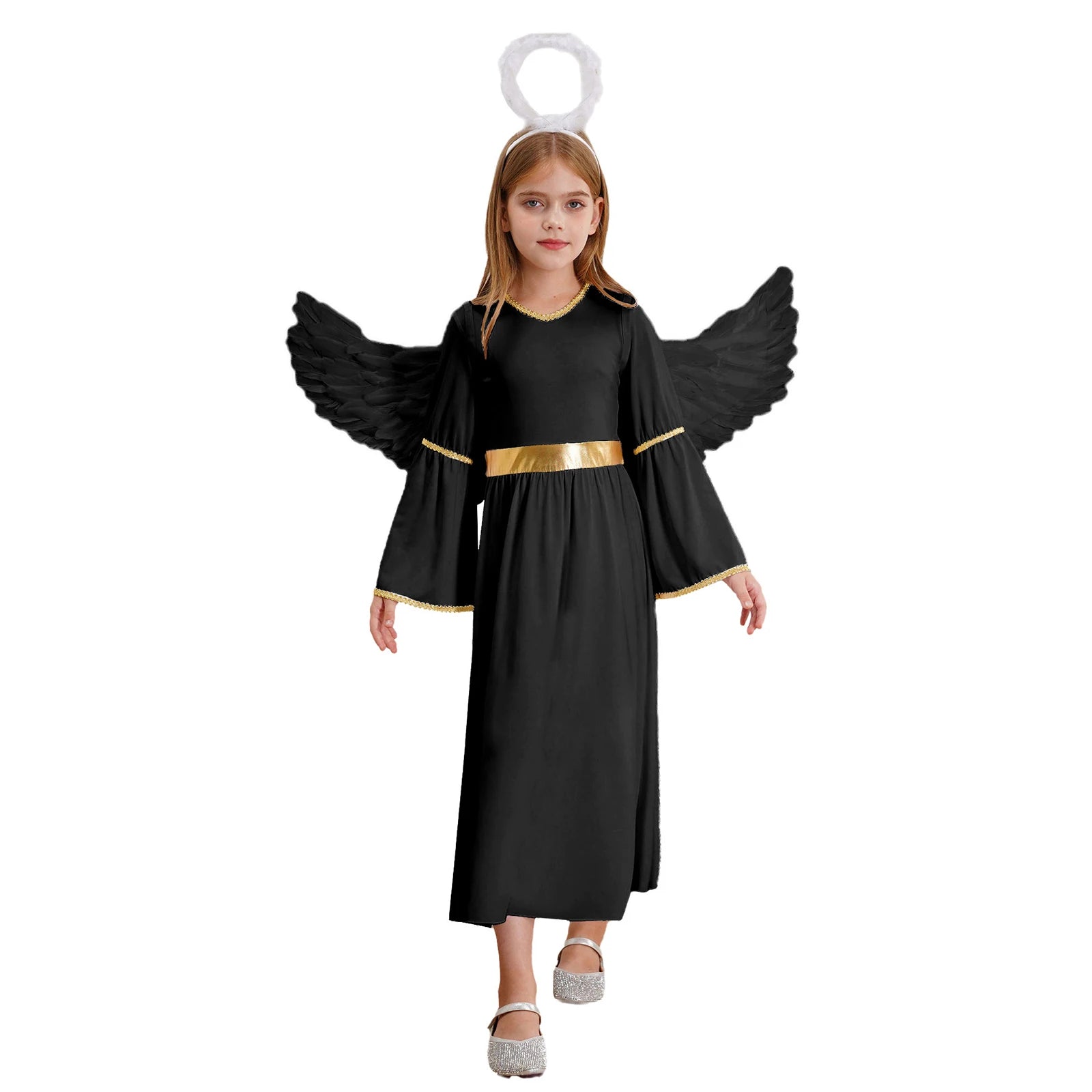Girls White Angel Costume Halloween Party Long Bell Sleeve Maxi Dress Gown with Wings Set for Performance Church Dress Up