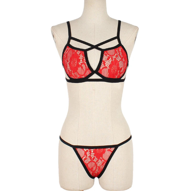 Erotic Lingerie Sets For Women Lace Garters Transparent Bra And Panty Set Female Porno Costumes Deep V Halter Sexy Underwear Set