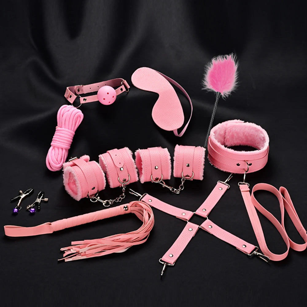Blindfold 10Pcs/Set Sexual Bondage Handcuff Whip Adult Couple Sex Toys Tools Set Erotic Sex Toys For Adult Leather BDSM Kits