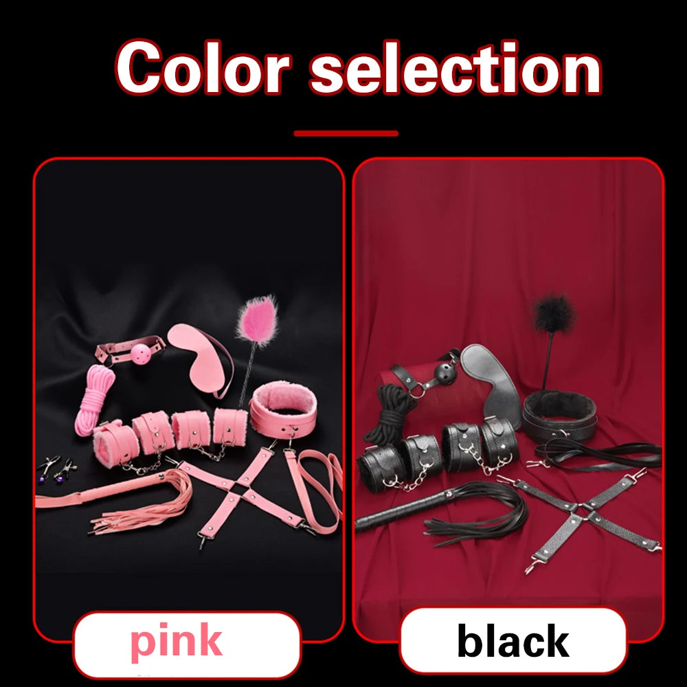 BDSM Bondage Restraint Kit 10 Pieces Drawstrings Collars Eye Masks Mouth Balls Whips Cotton Ropes Nipple Clamps Rope for Couples