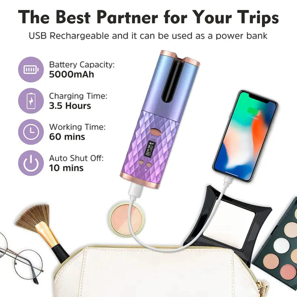 Ceramic Cordless Automatic Hair Curling Iron with 6 Temperature and Timer Settings for Fast, Portable Rechargeable Auto Curling