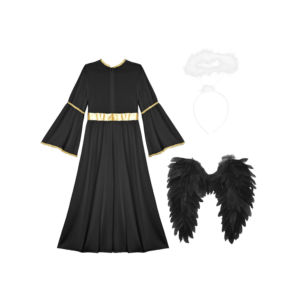 Girls White Angel Costume Halloween Party Long Bell Sleeve Maxi Dress Gown with Wings Set for Performance Church Dress Up