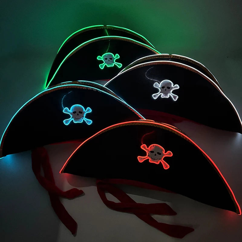 LED Pirate Hat Pirate Theme Holiday Cosplay Pirate Costume Decorations Glowing Captain Hat Colonial Tricorn Hat Woman Skull Hat