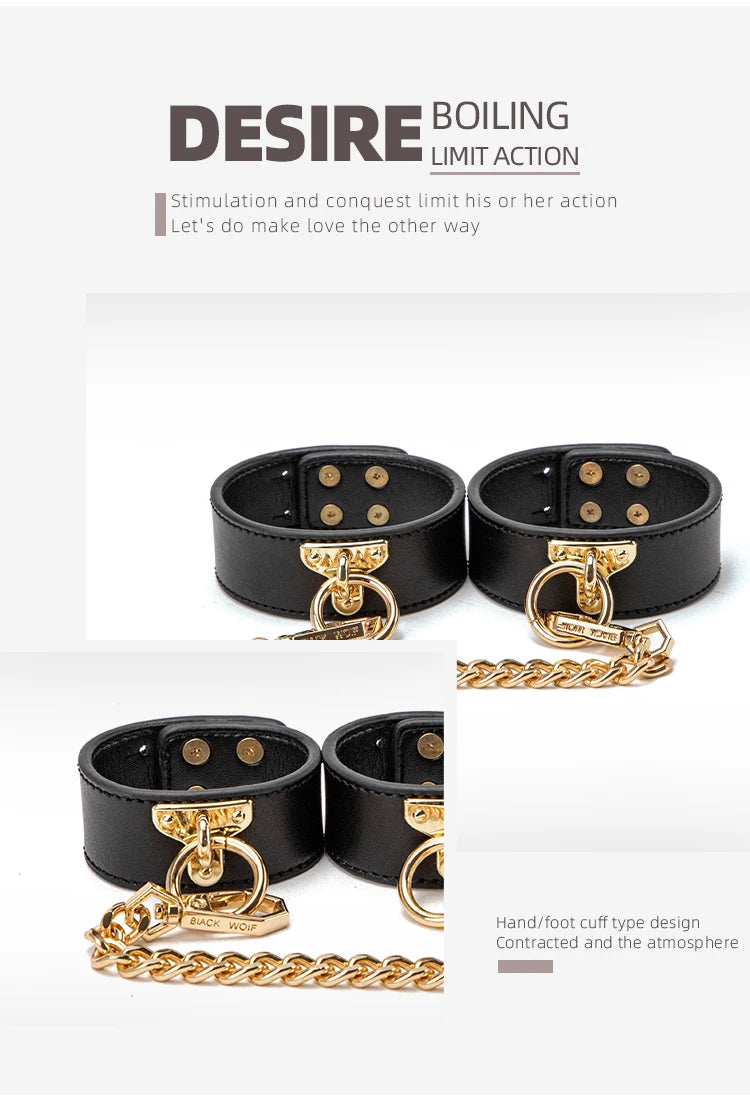 Erotic Bed Bondage Kits Slave Restraint Bondage Set Genuine leather Collar Mouth Gag Whips Handcuffs Adult Sex Toys For Couples