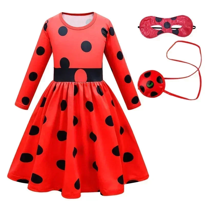 2025 Christmas Reddy Girl Little Beetle Cosplay Costume Mask Wig with Earrings Kids Halloween Fancy Costume Children Party Dress