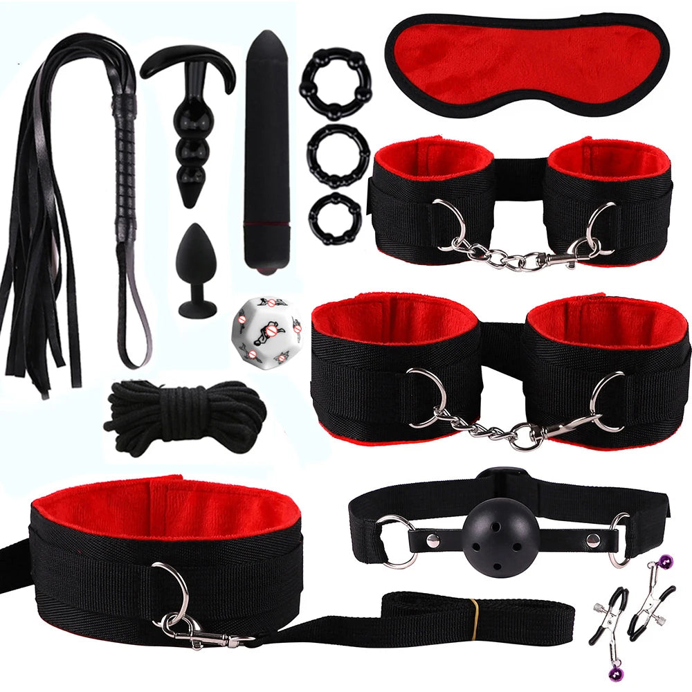 Sex Toys BDSM Bondage Set Erotic Bed Games Handcuffs Ankle Nipple Clamps Whip Spanking Slave Collars Adults Sex Game For Couples
