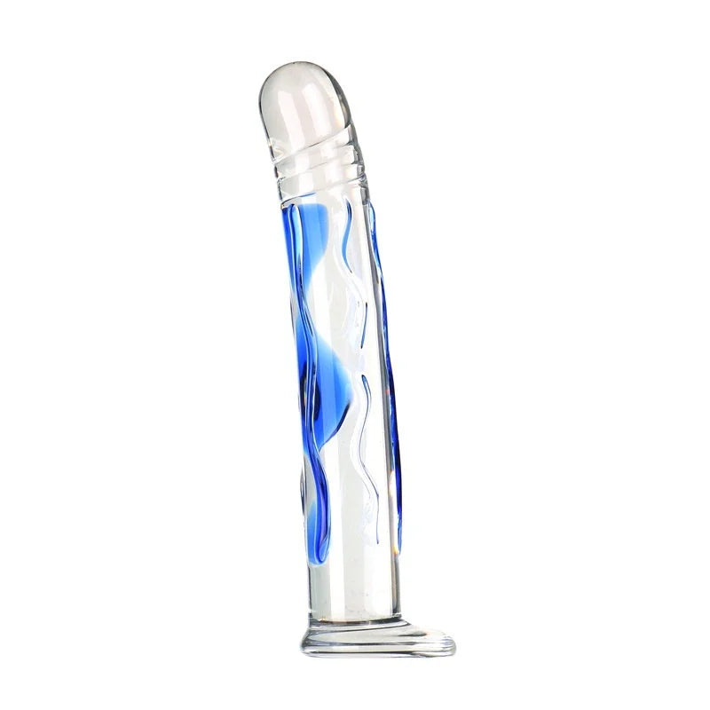 New Large Transparent Glass Blue Striped Dildo,18+ Adult Sex Toy, Clitoral Stimulation Masturbator, G-spot Orgasm Massage Wand