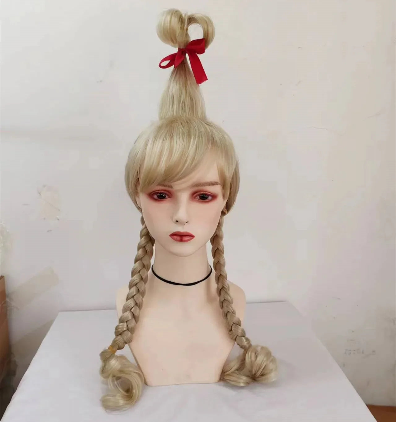 Cindy Lou Who Movie Cosplay Wig with Red Bow For Women Lou Heat Resistant Synthetic Hair Who Wig Christmas Party Wig Gift