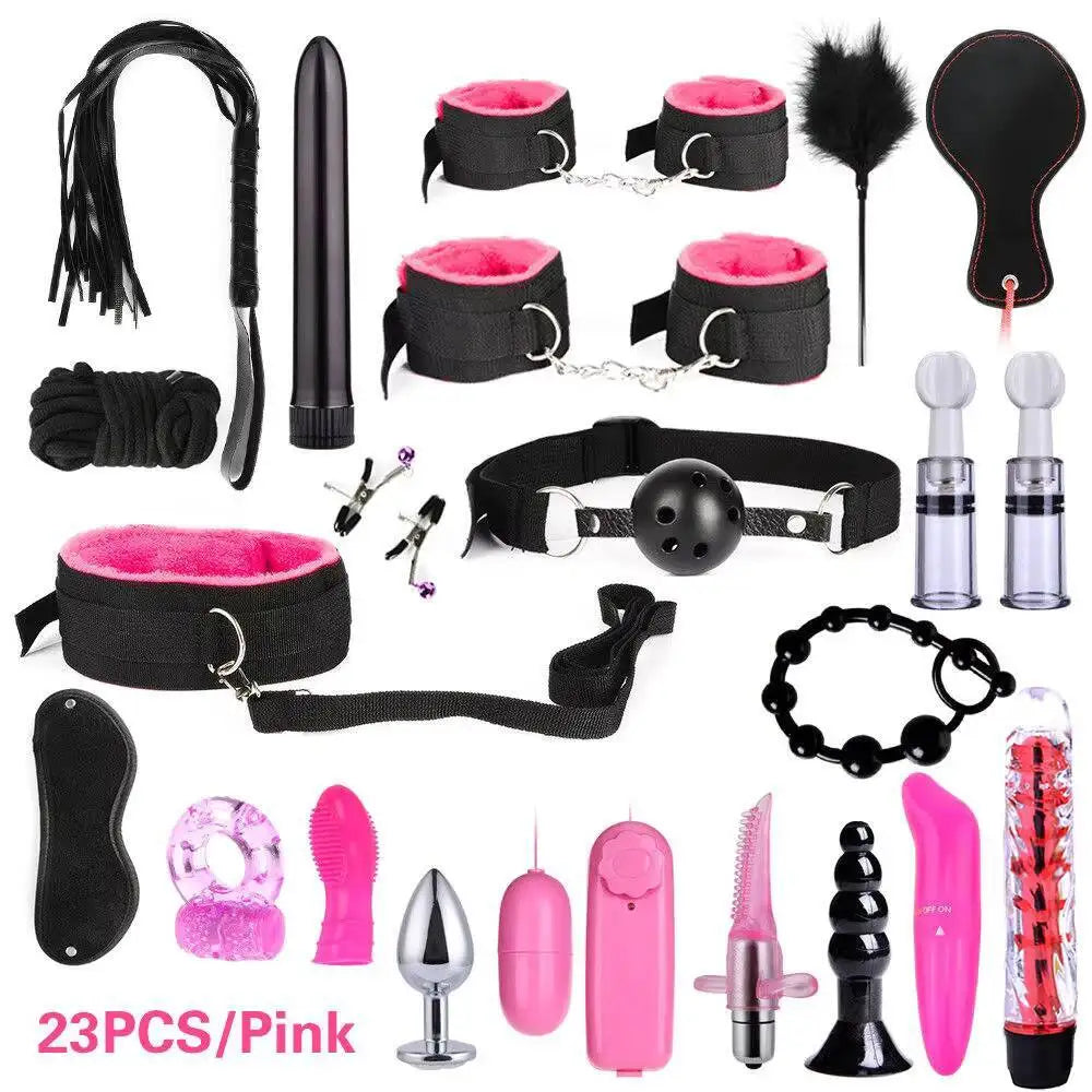 23Pcs Products Exotic Accessories Erotic Bondage Set Handcuffs Nipple Clips Whip Rope BDSM Tube Female Sex Toys %