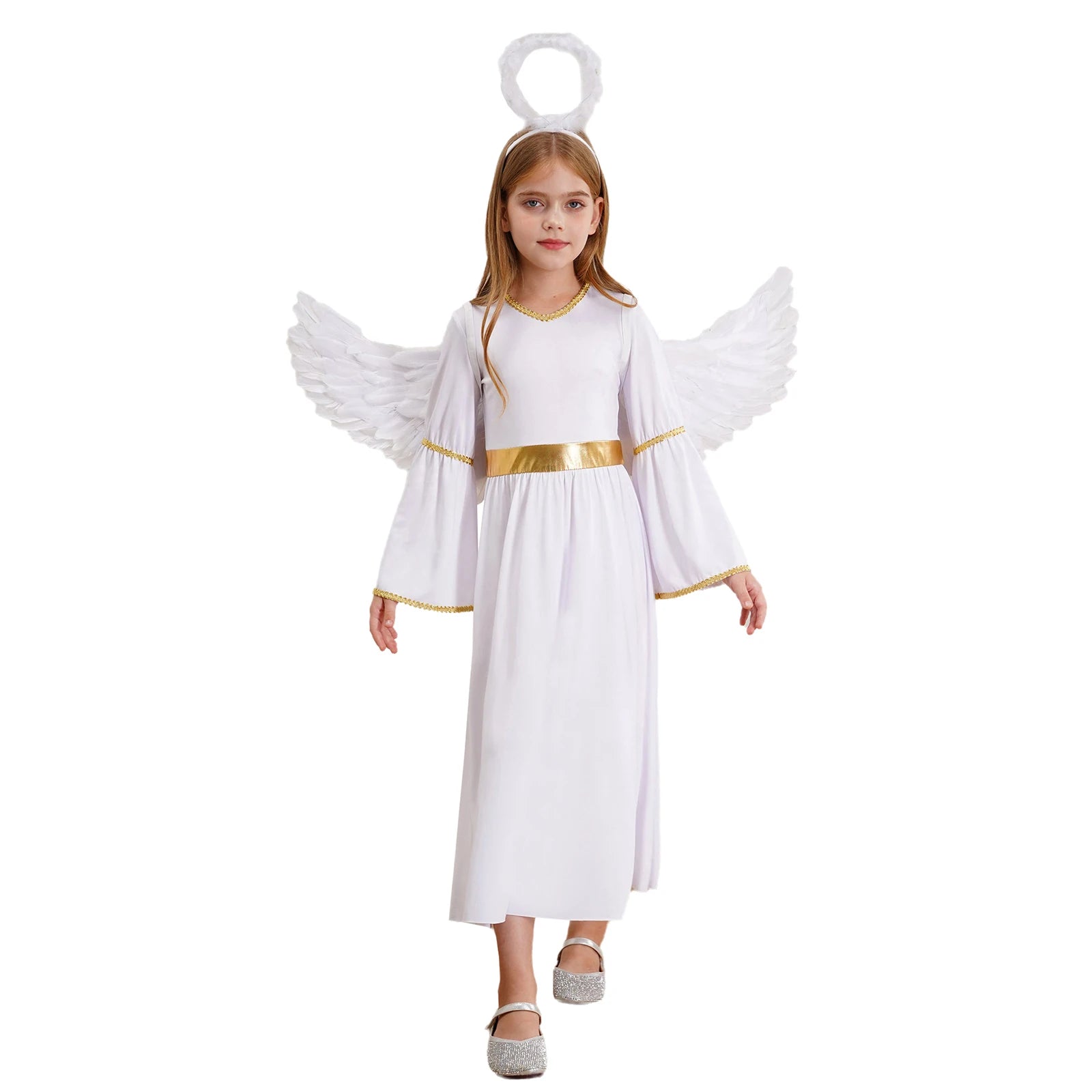 Girls White Angel Costume Halloween Party Long Bell Sleeve Maxi Dress Gown with Wings Set for Performance Church Dress Up