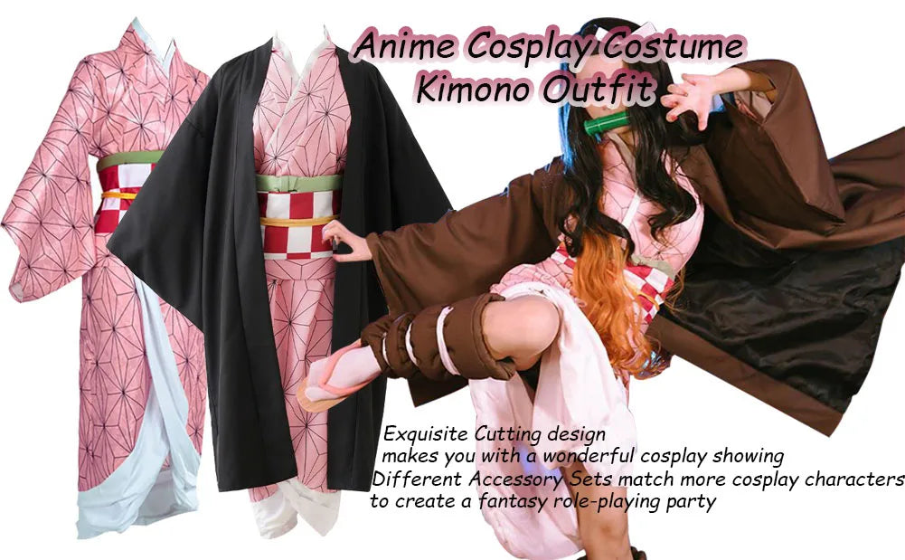 Anime Demon Slayer Kamado Nezuko Cosplay Costume Kimono Kimetsu No Yaiba Cosplay Wigs Hairs Halloween Carnival Women Outfit