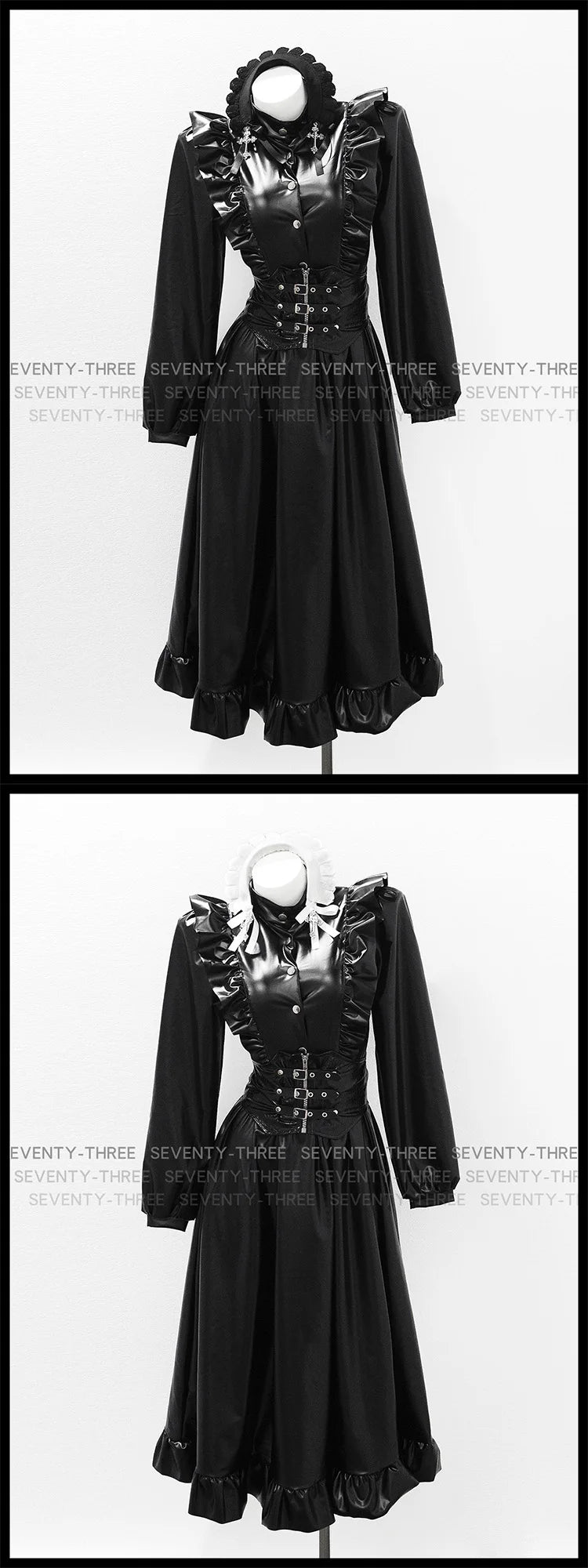 Anime Black Uniform Costume Maid Costume Adult Girl Role Playing Dark Pu Long Skirt Leather Stand Collar Dress Maid Suit