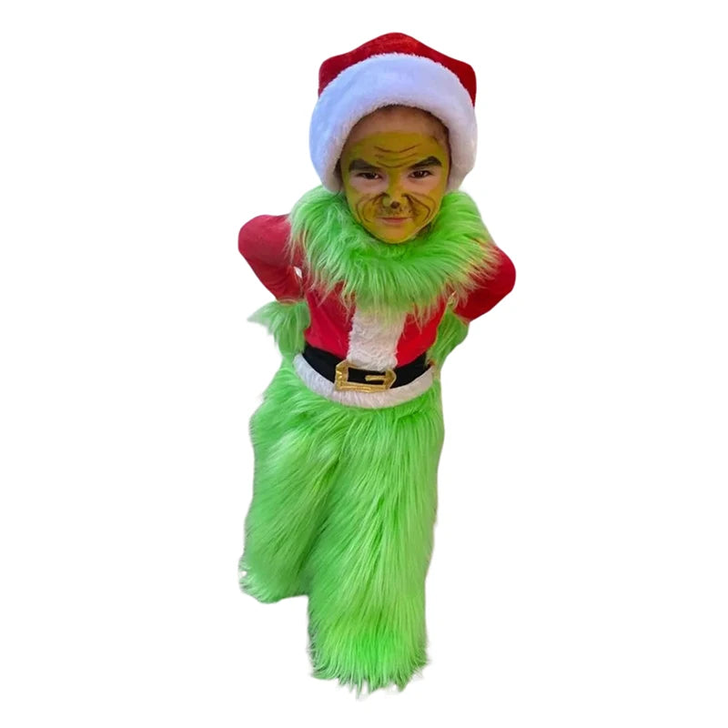 Little Kids Boys Girls Christmas Cosplay Costume Green Furry Monster Hooded Santa Claus Tops Green Fuzzy Pants Set