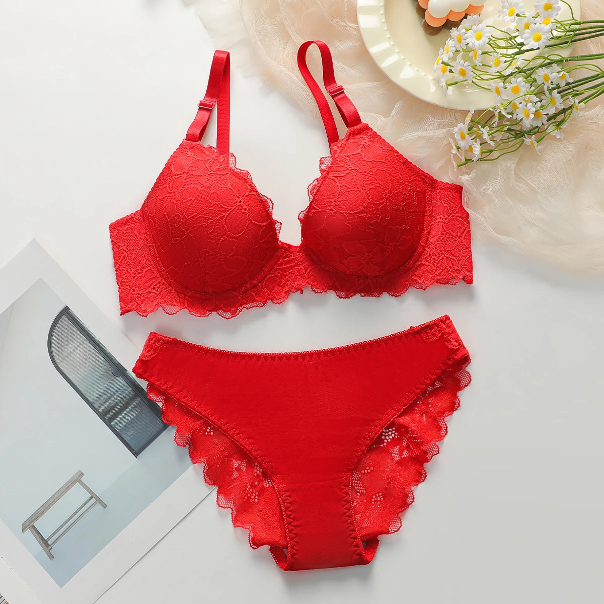 Red Lingerie lace cotton cup 2-piece set sexy and white toned lingerie set women's underwear set J3431