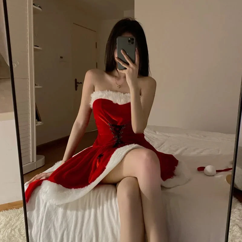 Cute Women Christmas New Year Off Shoulder Bandage A-line Skirt Sexy Nightdress Shawl Santa Claus Role Playing Lingerie Set