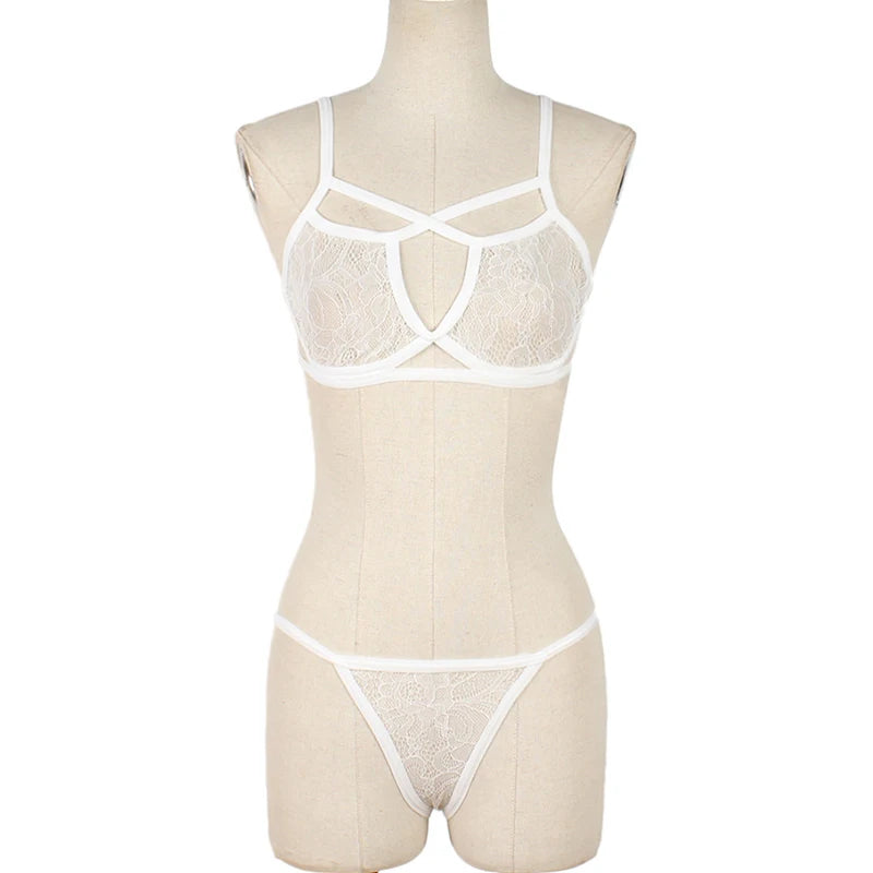 Erotic Lingerie Sets For Women Lace Garters Transparent Bra And Panty Set Female Porno Costumes Deep V Halter Sexy Underwear Set