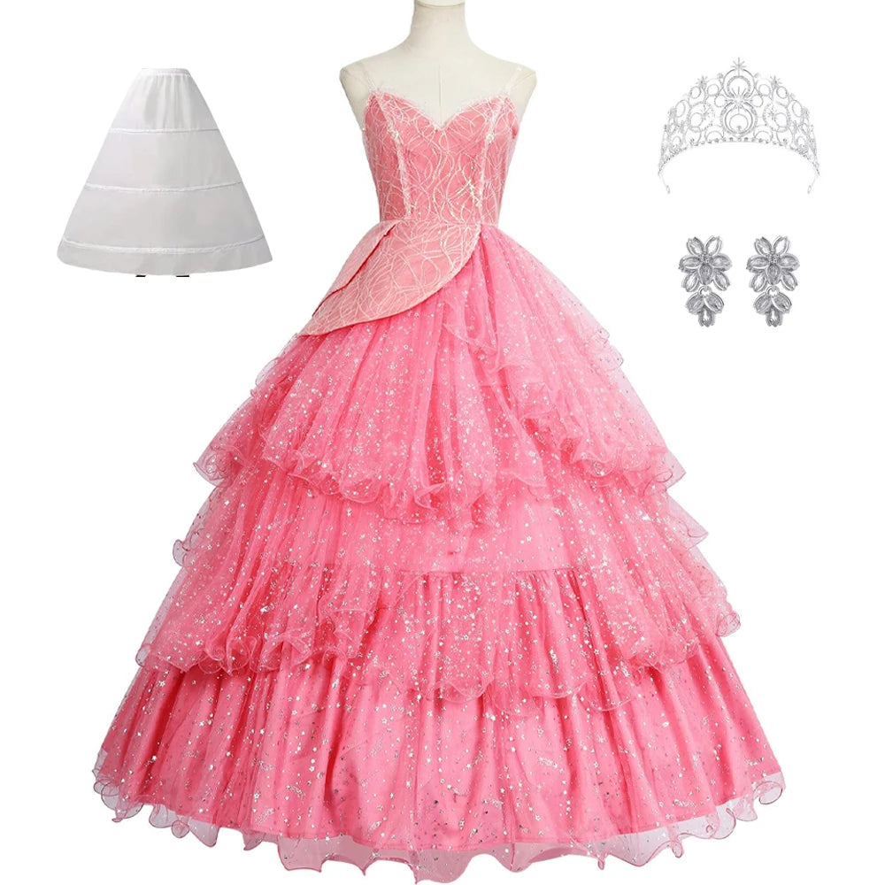 IN STOCK Glinda Wicked Cosplay Costume Disguise for Adult Women Pink Dress Roleplay  Fantasy Outfit Halloween Carnival Suit