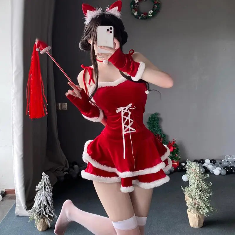 [You're My Secret] Christmas Dress Suit Women Xmas Cosplay Costume Red Suit Party Rabbit Ears Hooded Shawl Christmas Girl Set