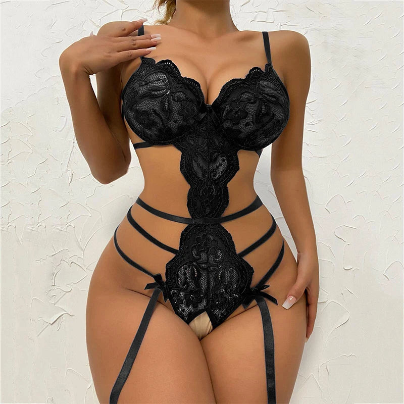 New Erotic Lingerie Bow Steel Bras Thong Metal Chain Garter Set Women's Open Temptation Sexy Backless Halter Underwear Porn Sets