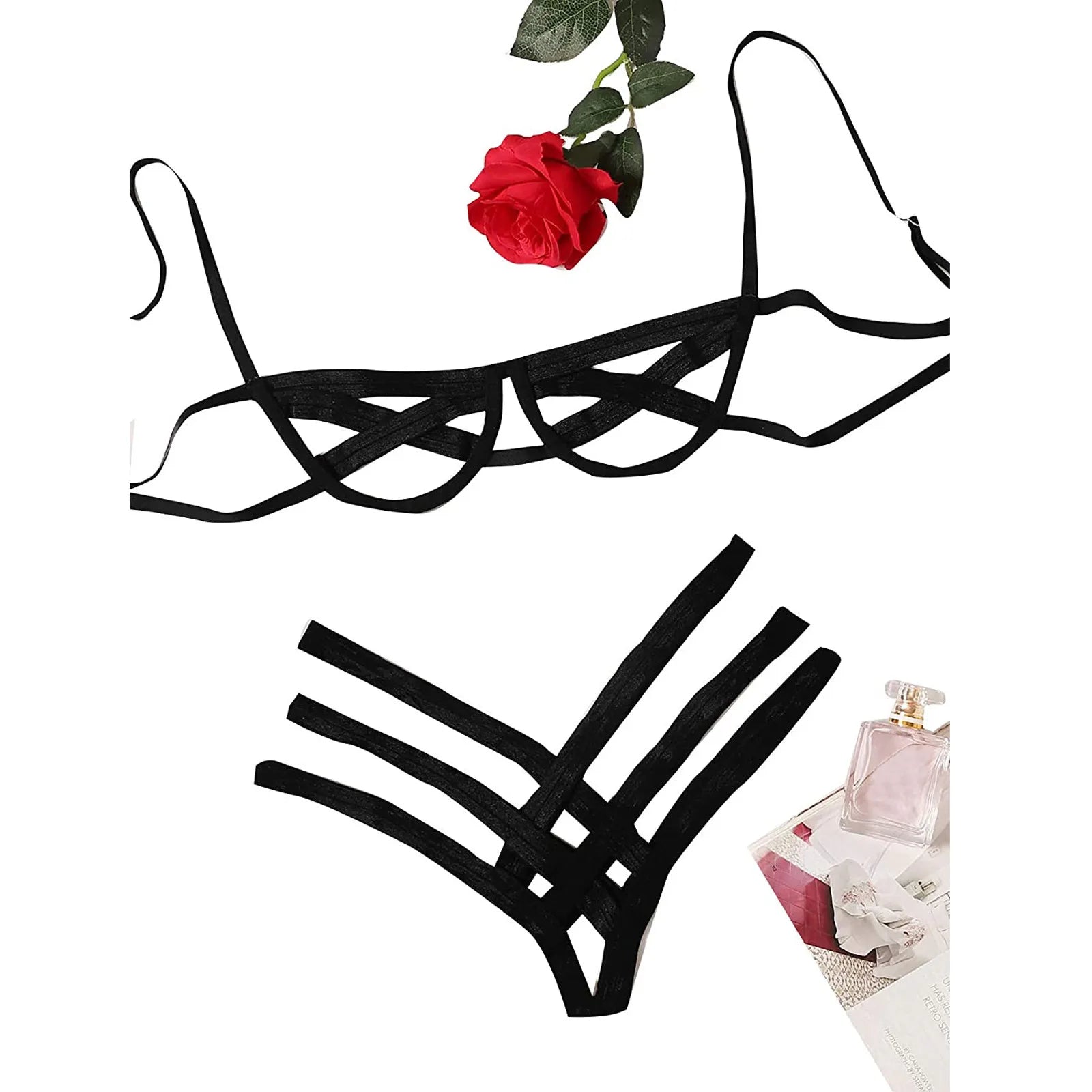 Amnesia Bondage, Sexy Lingerie, Women's Bra and Panty Set, Erotic, Hollow-out, Black, No Cups, Julia - style Bra, Thong