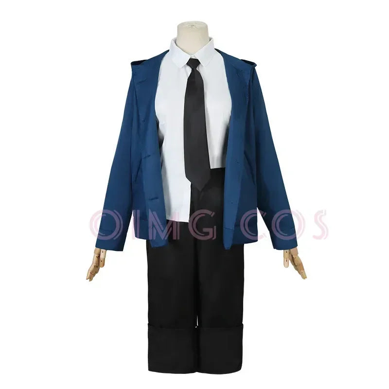 Power Cosplay Costume Chainsaw Man Outfits Blue Suit Shirt Tie Short Neck Ring Wig Women Anime Uniform Halloween