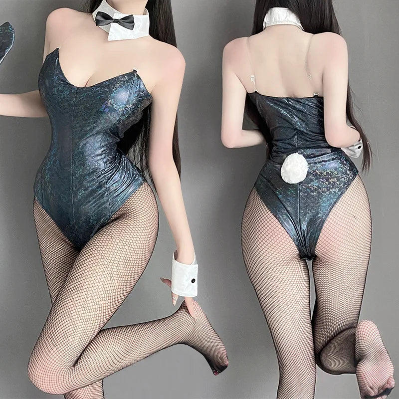 Bunny Girl Cosplay Woman Sexy Lingerie PU Faux Leather Bodysuit with Tie Headband Set Kawaii Rabbit Suit Porno Exotic Costume