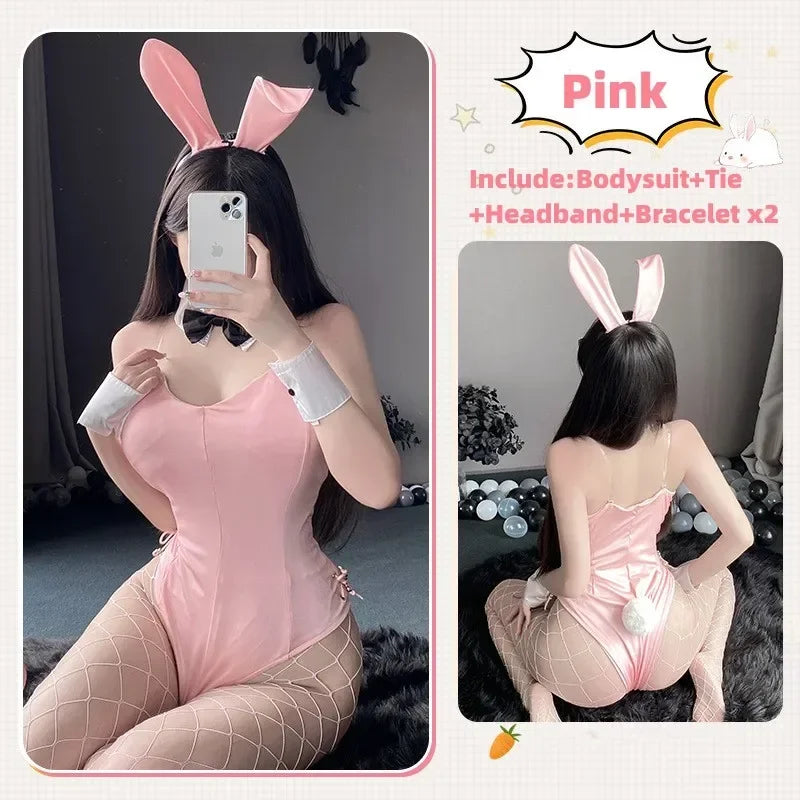 Bunny Girl Cosplay Woman Sexy Lingerie PU Faux Leather Bodysuit with Tie Headband Set Kawaii Rabbit Suit Porno Exotic Costume