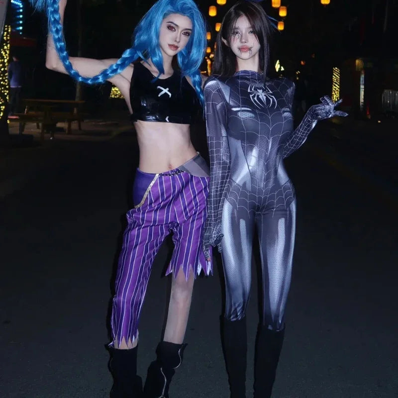 Good Quality Superhero Female Spider Man Cosplay Tight Jumpsuit Black Spider Sexy Cosplay Costume Halloween Party Costume Mask