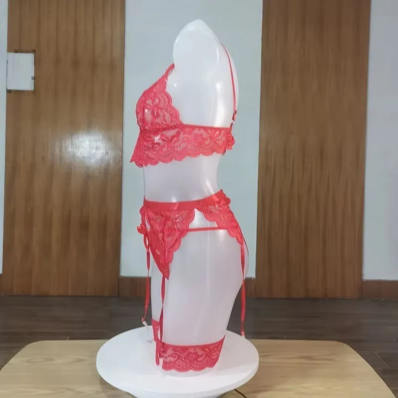 Sexy Erotic Lingerie Women Bra and Panty Garters 3pcs See Through Lingerie Sets Sexy Women's Underwear Set Porn Sexy Lingerie