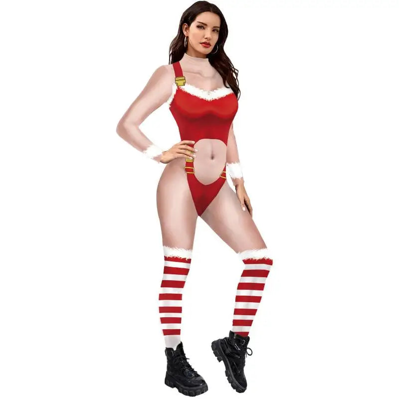 Sexy Christmas Jumpsuit Xmas Santa Claus Cosplay Costume Skinny 3D Printing Bodysuit Party Zentai Holiday Women Jumpsuit
