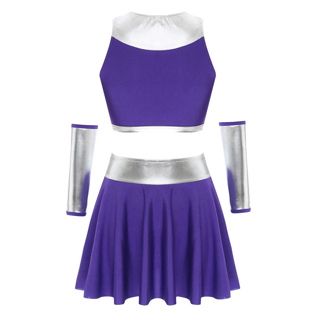 Women Anime Princess Cosplay Costume Halloween Cheerleading Uniform Performance Tracksuit Crop Top with Miniskirt Gloves Set