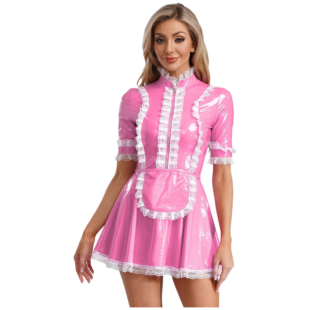 Women PVC Leather A-Line Servants Maid Dress Maid Cosplay Costume Role Play Maid Uniform Temptation Anime Cosplay Party Costume