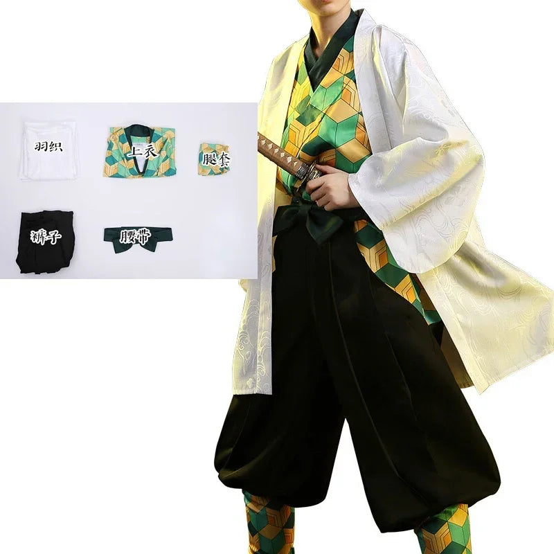 New Anime Demon Slayer Sabito Cosplay Costumes Kimetsu No Yaiba Kimono White Cloak Man Coat Lining Pants Wig Halloween Costumes
