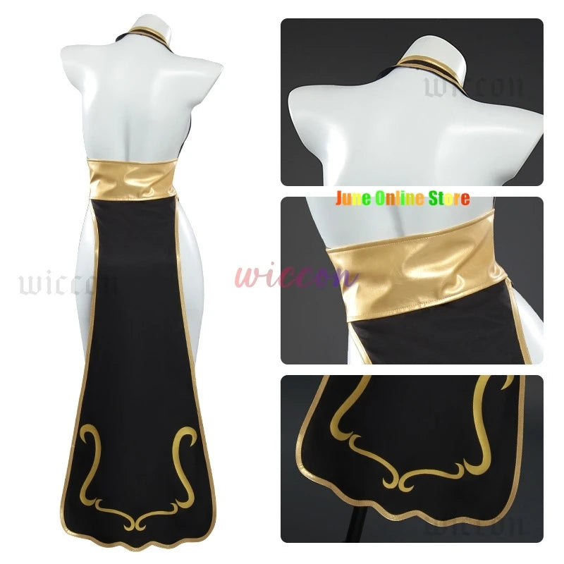 Chun Li Game Street Cosplay Costume Black Battle Dress Fighter Chinese Style Cheongsam Woman Adult Wig Blue Halloween Party