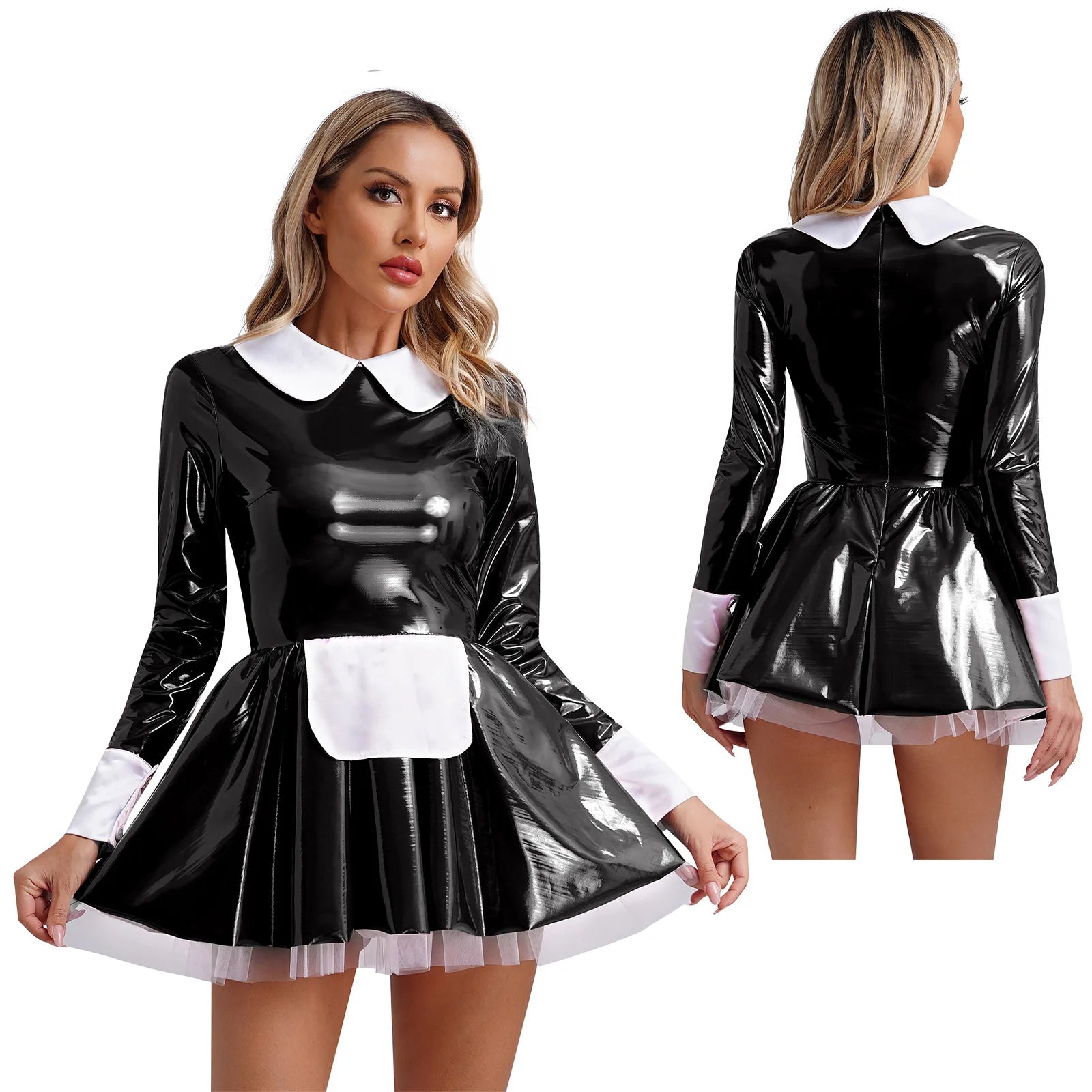 Women PVC Leather A-Line Servants Maid Dress Maid Cosplay Costume Role Play Maid Uniform Temptation Anime Cosplay Party Costume