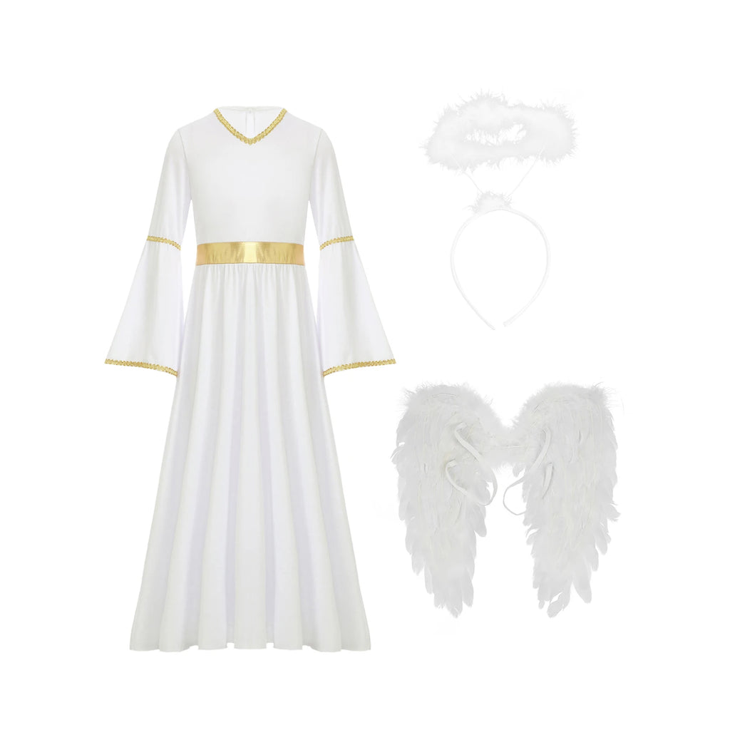 Girls White Angel Costume Halloween Party Long Bell Sleeve Maxi Dress Gown with Wings Set for Performance Church Dress Up