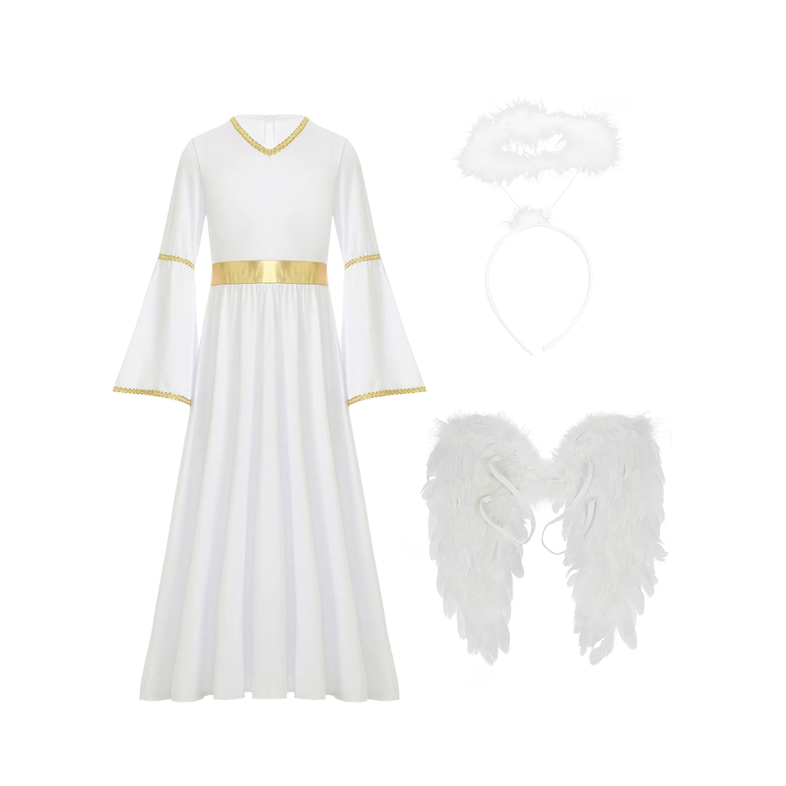 Girls White Angel Costume Halloween Party Long Bell Sleeve Maxi Dress Gown with Wings Set for Performance Church Dress Up