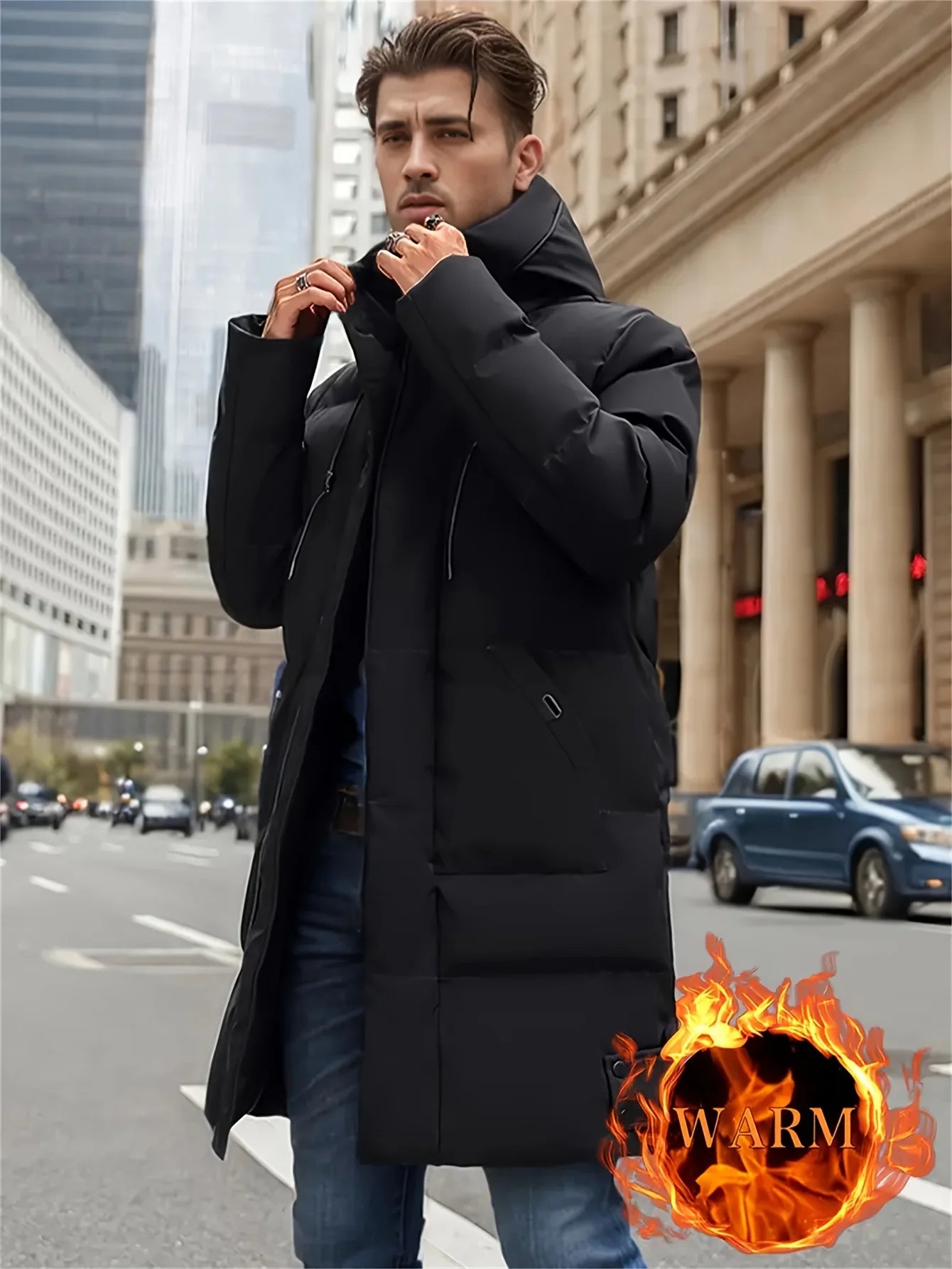 Men's Winter Hooded Full-Zip -Padded Jacket - Windproof Coat with Full-Length Zipper- Cold Weather Outdoor Clothing for Skiing