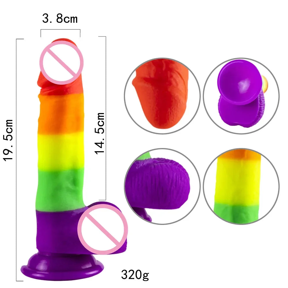 Simulation Dildo Rainbow Color Realistic Oversized Female Masturbator Vibrator Wearable Gun Machine Silicone Big Cock Adult Toys