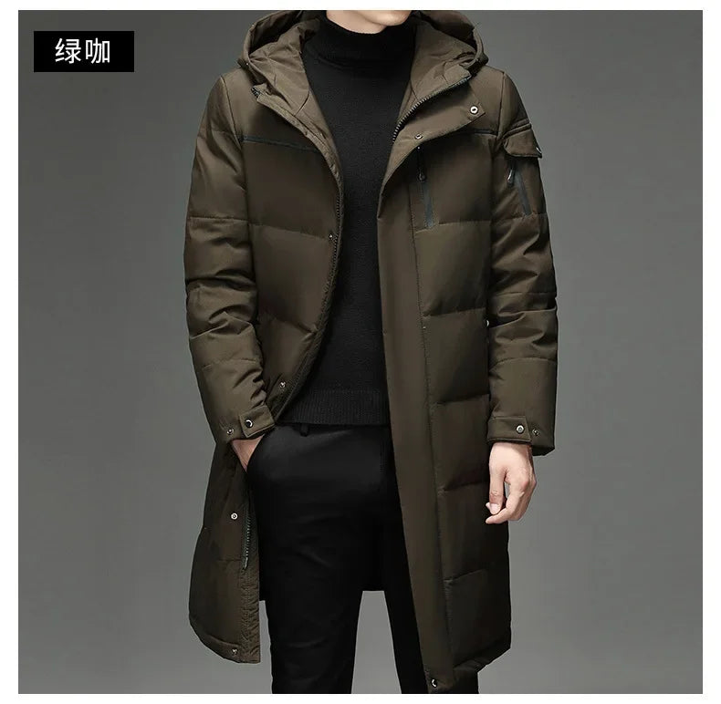 New Fashion Men 90% White Duck Down Hooded Jackets Men's Winter Thick Warm Waterproof Parka Overcoat Down Jackets Long Parka 5XL