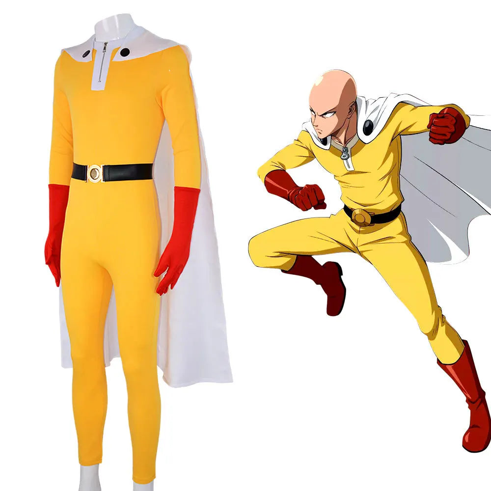 One Punch Man Saitama Cosplay Costume Full Set for Adults Yellow Hero Suit Jumpsuit with Cloak Gloves Belt Cosplay Party Outfit