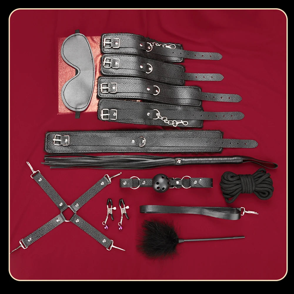 BDSM Bondage Restraint Kit 10 Pieces Drawstrings Collars Eye Masks Mouth Balls Whips Cotton Ropes Nipple Clamps Rope for Couples