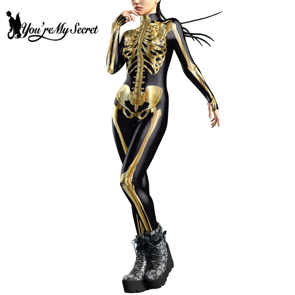 [You're My Secret]Halloween Cosplay Costumes For Women Skeleton Printed Long Sleeve Bodysuits Slim Elastic Fancy Outfits Catsuit